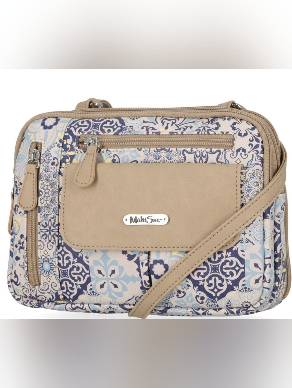MULTI-SAC ZIPPY CASABLANCA PRINT CROSSBODY BAG IN LIGHT BLUE.